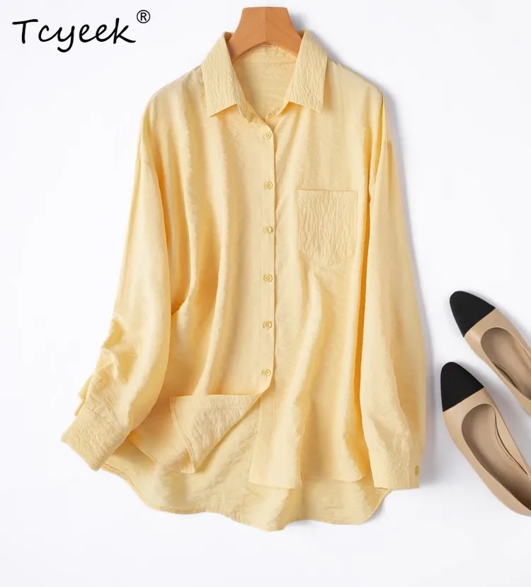 

Tcyeek 76% шелковая женская блузка из 24% нейлона, свободная однотонная однобортная рубашка-поло с воротником-поло из сухого шелка с карманами T55727JF