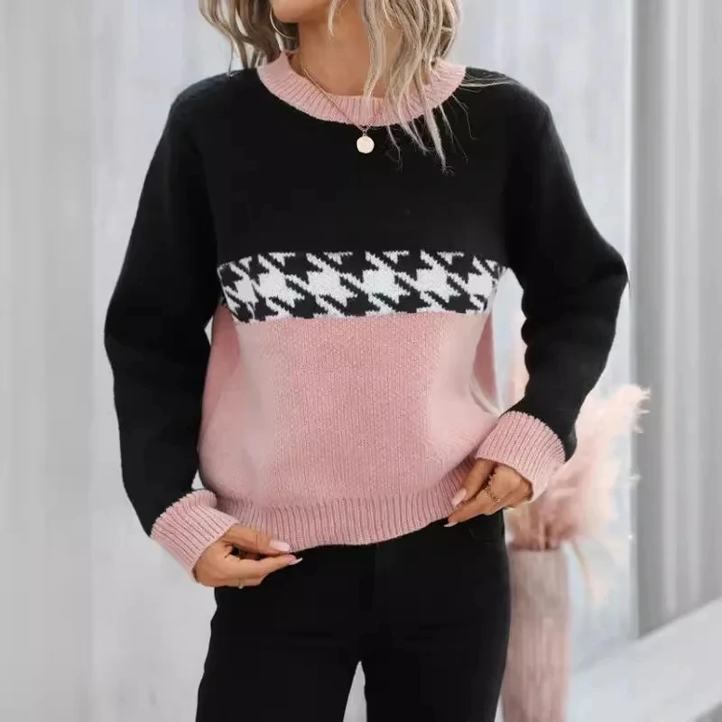 Autumn Winter American Lazy Style Color Block Knit Sweater Women's Fashion Geometric Pattern Jacquard Top Office Loose Knitwear