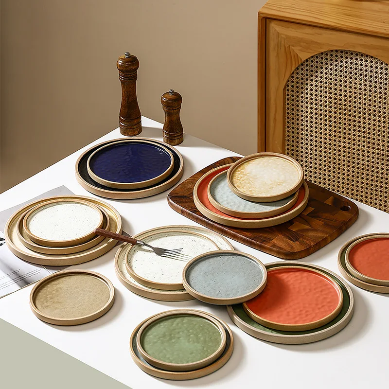 

Retro coarse pottery vertical edge ceramic plate solid color round restaurant pasta plate simple home practical dish