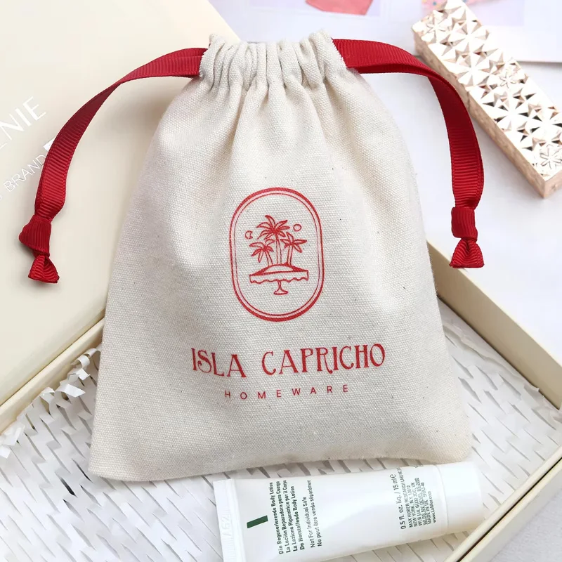 Custom Logo Red Drawstring Bags Linen cotton Muslin thick gifts Dust Sack Jewelry Packaging Pouch