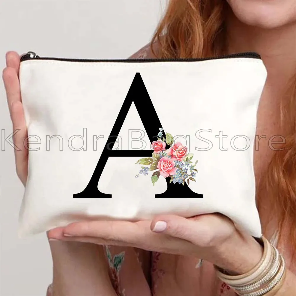 Botanical Monogram Floral Pink Rose Flowers Initial Letter English Alphabet Gifts Canvas Cosmetic Makeup Travel Bag Case Pouch