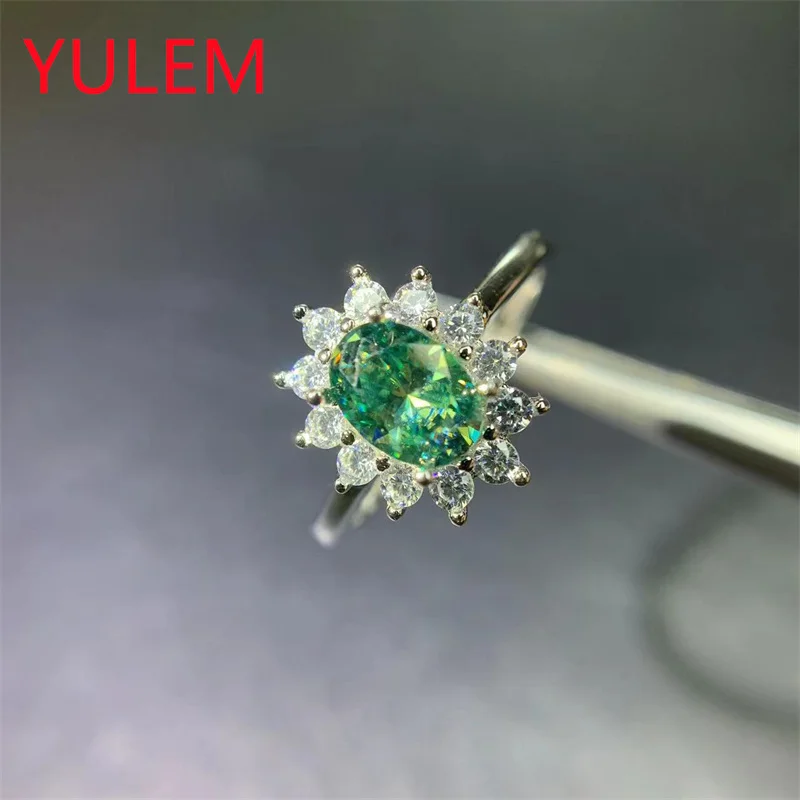 1ct 5x7mm Green Moissanite S925 Sterling Silver Ring Classic Oval Egg Shaped Ring Fashion Engagement Ring for Girlfriend