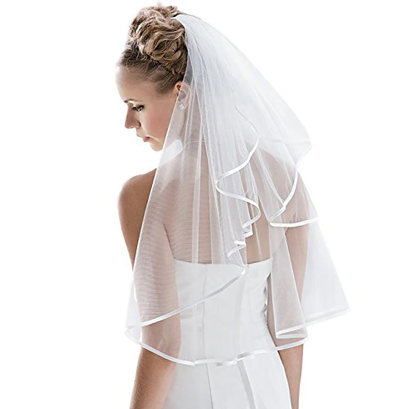 Voile de Mariage Simple en Tulle Blanc Ivoire à Deux Couches pour Patients, Bord de Ruban, Accessoires de Mariée Bon Marché, 75cm, Court avec Peigne pour Femme