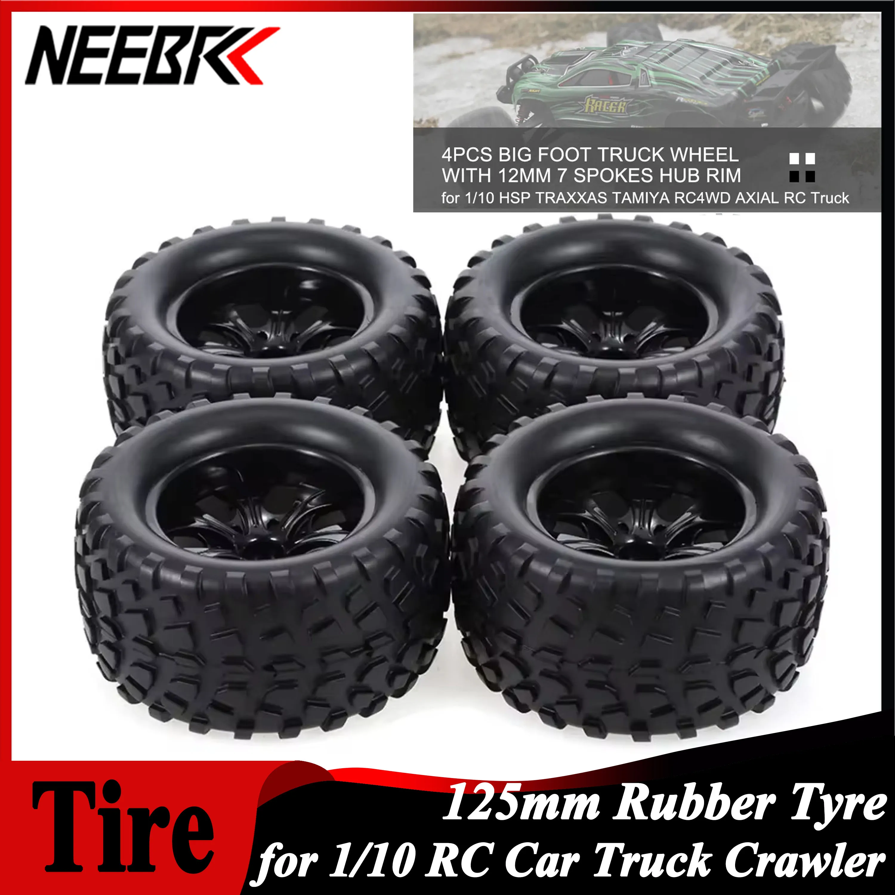 

4PCS 125mm Rubber Tire Tyre Wheel 12mm Hub for 1/10 RC Car Off-Road Truck Crawler Traxxas Scx10 REDCAT HSP Axial Wltoys Tamiya