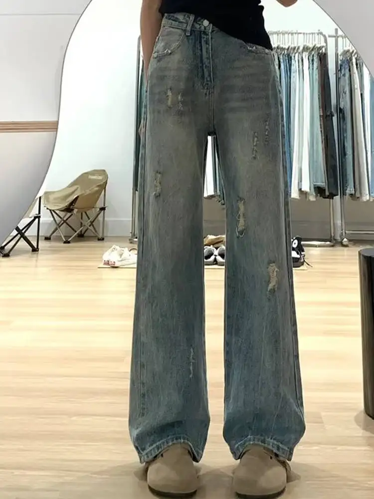 

Джинсы женские ретро с широкими штанинами, весна-лето, с высокой талией, облегающие, прямые, длинные брюки с эффектом утягивания бедер