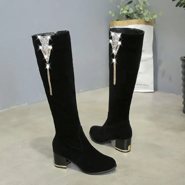 Winter New Women\'s Long Boots Fashion Rhinestone Thick-heeled High-heeled Knee-high Boot Zipper Retro Knight Boot Women Shoes