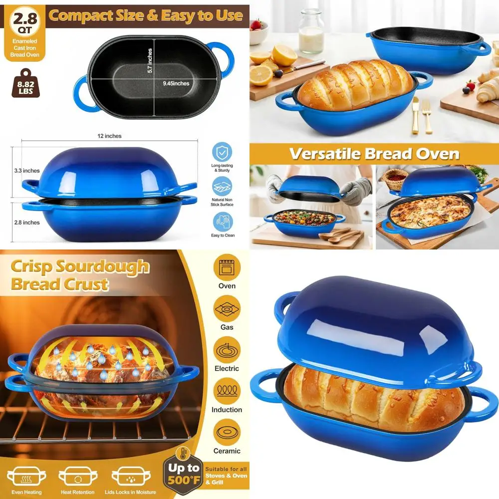 

2.8-Quart Blue Oval Enamel Cast Iron Dutch Oven for Bread Baking and Roasting, Ideal for Sourdough Loaves