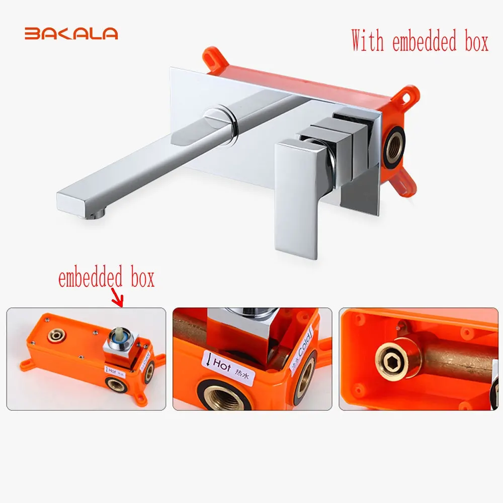 Chrome Or Matte  Black Or Mirror Finish Bathroom Basin Sink Faucet Wall Mounted Square  Brass Mixer Tap With Embedded Box