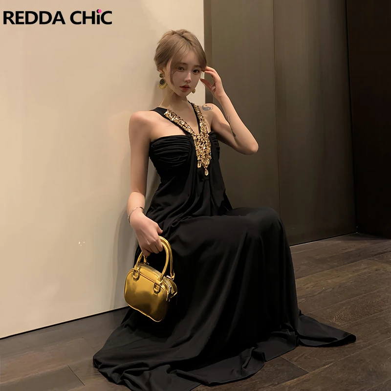 

ReddaChic Shirring Corset Black Dress Sexy Backless Halter Rhinestone Mesh Corset Maxi One-piece Cocktail Party Woman Clothes