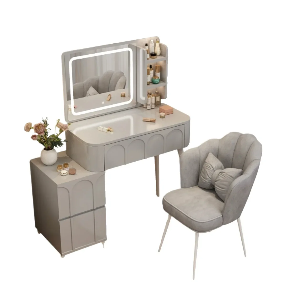 # Vanity Desk with Mirror and Light Makeup Dressing Table Dresser Bedroom Dresser Table with LED Lighted Large Mirror Gray White