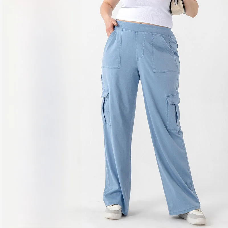 Calça cargo feminina extra longa plus size, cintura alta, jeans, pernas largas, com bolsos duplos, estilo casual esportivo