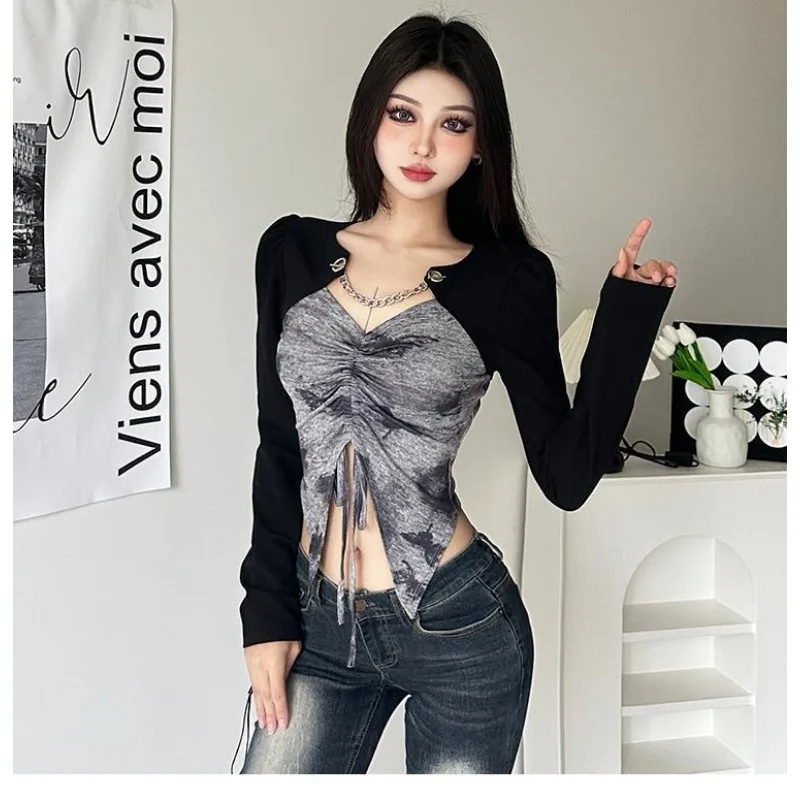 Patchwork Print T-shirt Vintage 90s Aesthetic Girls Y2k Tops Harajuku Gothic Streetwear Slim Long Sleeve Tees Drawstring Clothes