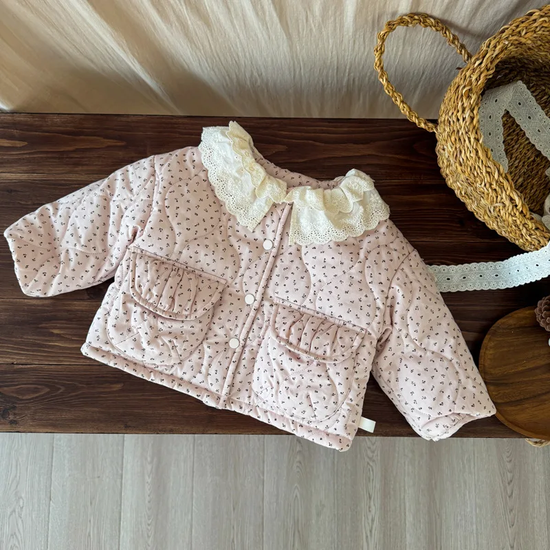 

2025 Winter New Girls Floral Lace Collar Cotton Padded Jacket Children Warm Coat Plus Velvet Thick Baby Girl Sweet Princess Coat