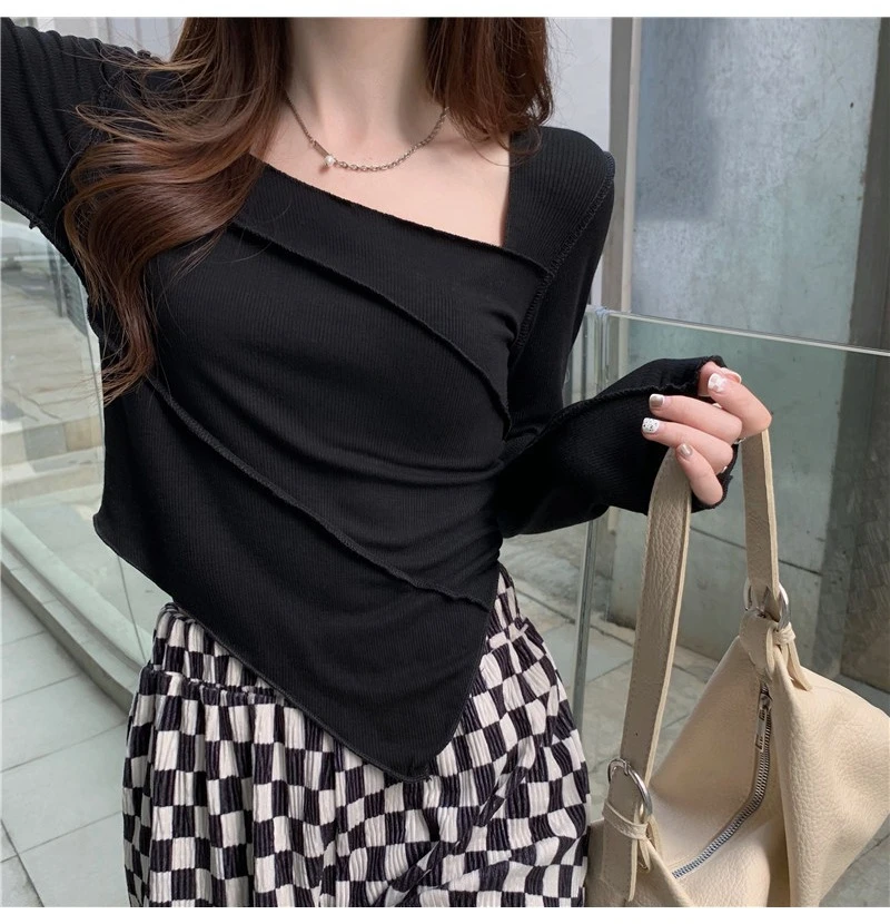 Korean Fashion Y2K T-shirt Woman Low Cut V-neck Sexy Crop Top Women Skinny Long Sleeve Tee Shirt Femme Vintage Clothes Black