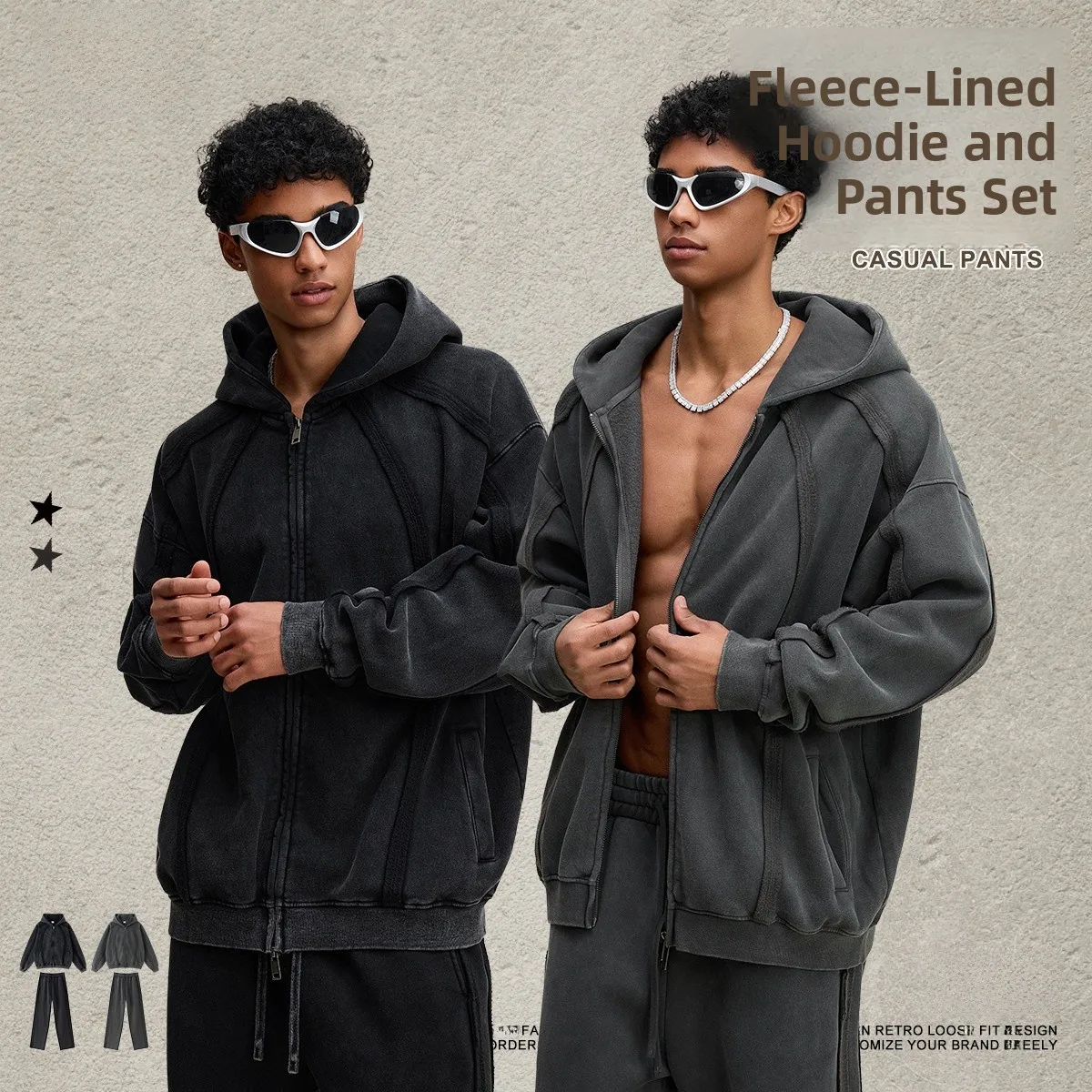 

Мужской комплект BE: худи на молнии в стиле ретро и брюки прямого кроя. Зимний повседневный спортивный костюм из хлопка с узором «снежинка».