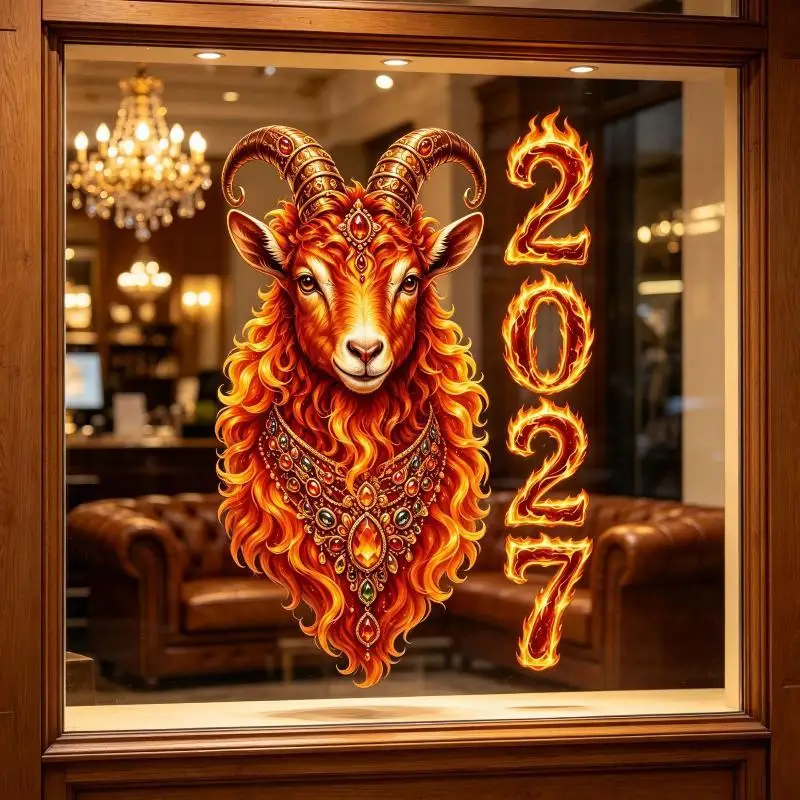 【F】2027 Year of the Sheep Decorative Glass Stickers for Window Display New Year & Christmas Festive Adhesive Decorations