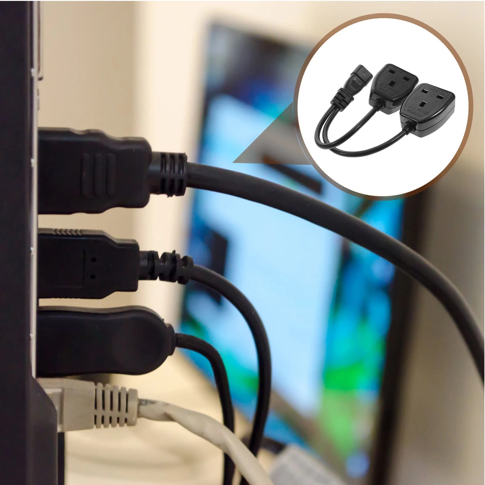 

C14 UK Power Cord 0.3M Black Heavy Duty 3-pin Splitter IEC to UK Socket Extension for Monitors Computers Y Splitter Adapter