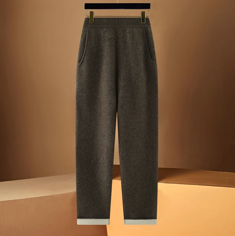 High Waisted Cashmere Pants, 100% Pure Wool, Thickened Hem, Temperament, Small Leg Belt Pockets, Elastic Waist Wear, Autumn