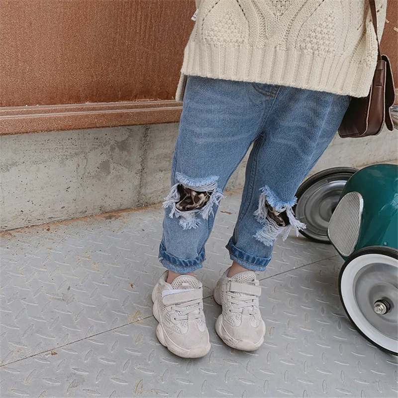 Girls' Leopard Print Ripped Jeans Long Pants25Autumn New Fashion Foreign Trade Children's Clothing Wholesale3-8Years Old