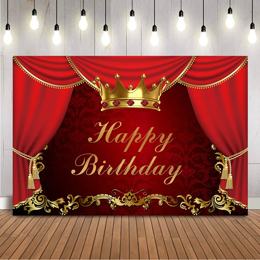 Red Curtain Backdrop for Photography Gold Crown Happy Birthday Photo Background Old Master Texture Portrait Backdrop Photocall