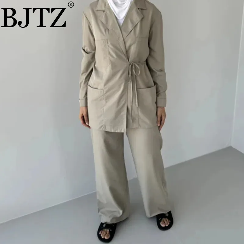 

BJTZ Women's 2 Piece Set Lace-up Gathered Waist Loose Blazers+drawstring High Waist Wide Leg Pans Fashion Suits 2025 Summer New