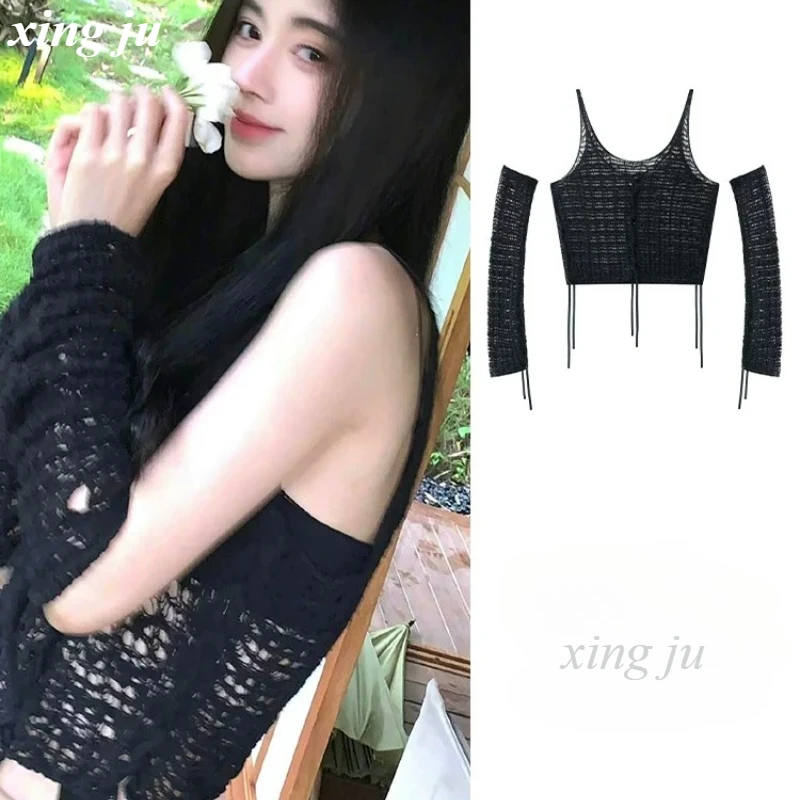 

Xing Ju Kpop Korean Singer Black Hollow Out Sexy Knitted Sling Tops Stage Performance Costume Women Party Jazz Dance Stage Wear