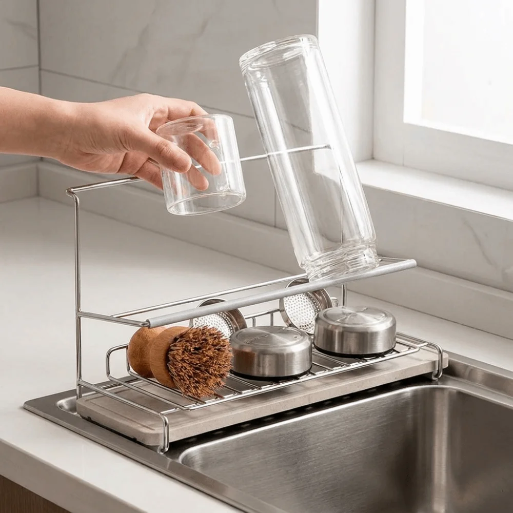 Stainless Steel Double-layer Water Cup Rack Large Capacity Saving Space Bottle Drying Rack Anti-Fall Cup Organizer Desktop