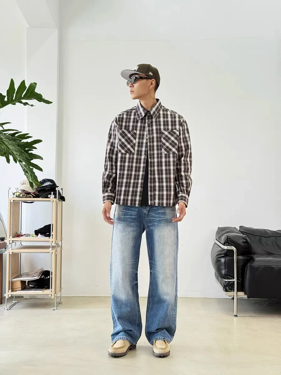 アメリカンレトロルーズフィットピュアコットンチェック柄長袖シャツカジュアルメンズ秋アウターウェア、ほつれデザイン、快適で通気性があります。