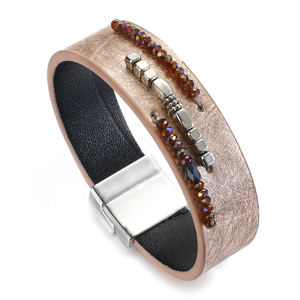 ALLYES Vintage Colorful Crystal Beads Metal Cube Leather Bracelet for Women Simple Chunky Bracelets & Bangles Charm Jewelry