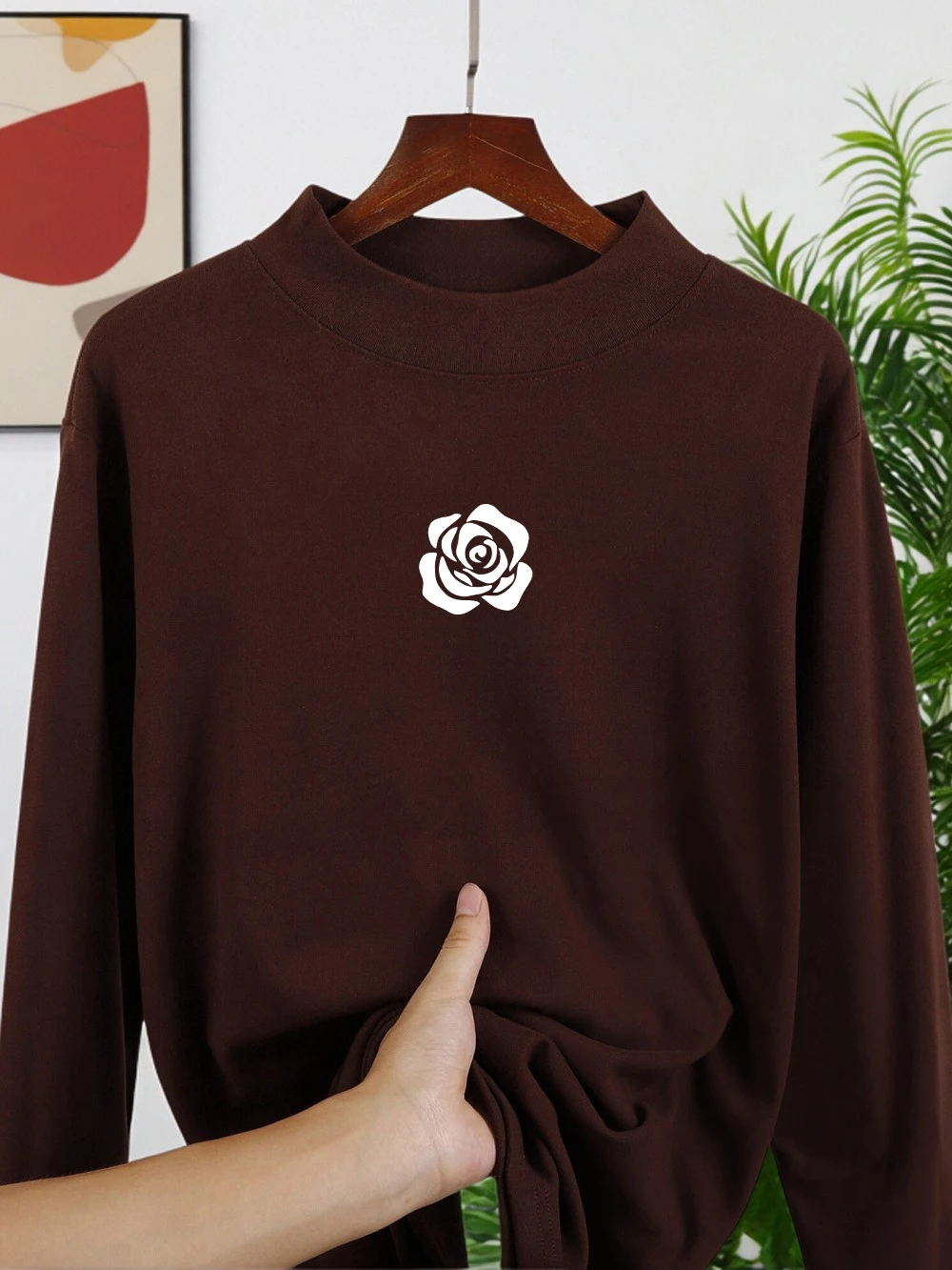 Beautiful Roses prints T-Shirts Women Autumn Long Sleeves Bottoming Shirt Warm Half Turtleneck Slim Fit Tops Basic Woman Clothes