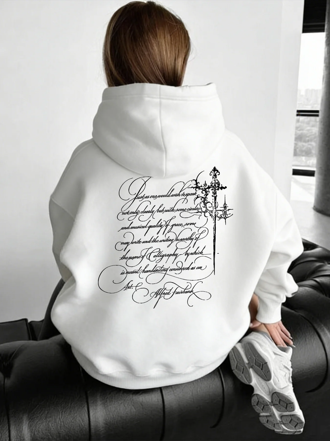 Flower body English sword element printed hooded sweatshirt, high street loose pullover hoodie autumn and winter new item unisex