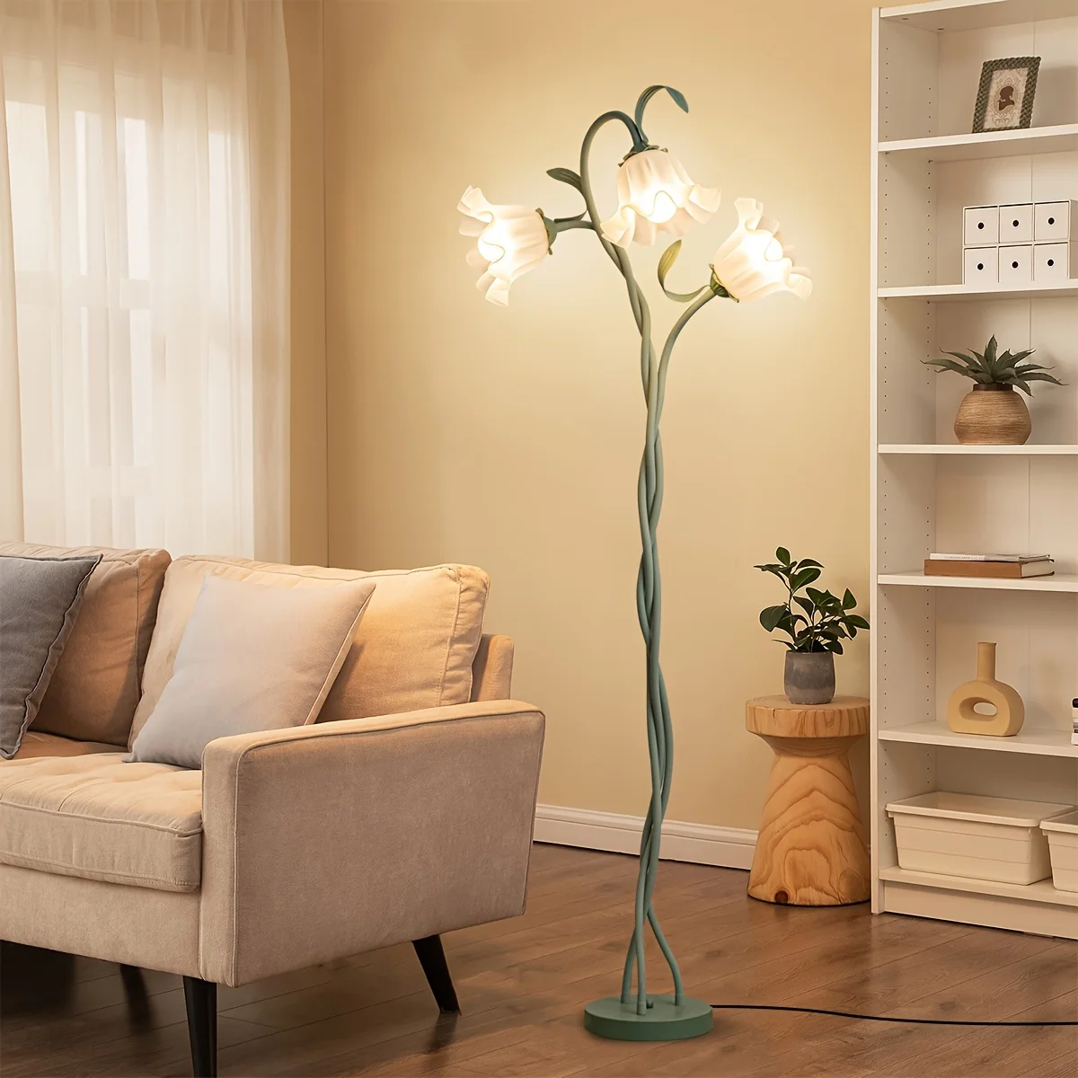 مصباح أرضي على شكل زهرة فنية حديثة، ذراع مرن إبداعي DIY شكل 3 ألوان لدرجات الحرارة LED مصباح أرضي للزاوية
