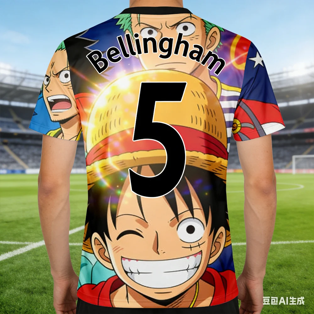 

Беллингем # Футболка для футбола с ИИ-принтом Луффи, 5 шт., 2026, мужская дышащая футболка, детская аниме-футболка для тренировок, джерси