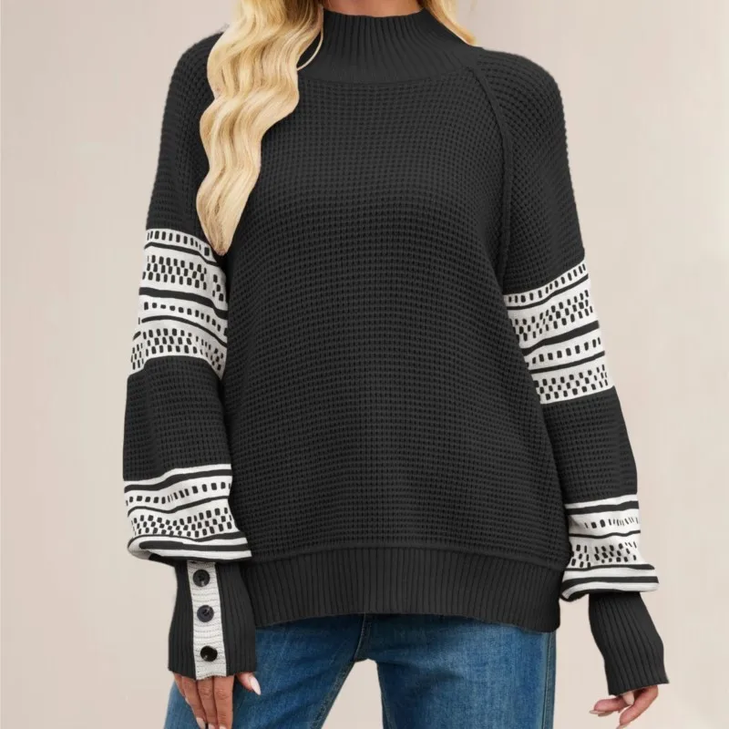 سترة نسائية محبوكة عصرية ودافئة لشتاء 2025 بتصميم كتلة الألوان، نصف رقبة عالية ونمط بلوفر،