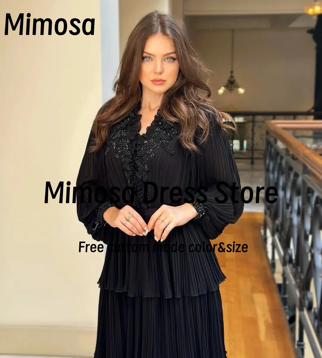 Mimosa Black Evening Party Dresses Bead V Neck Long Sleeves Women's Prom Dress Ruched Tiered вечернее платье женское Customized