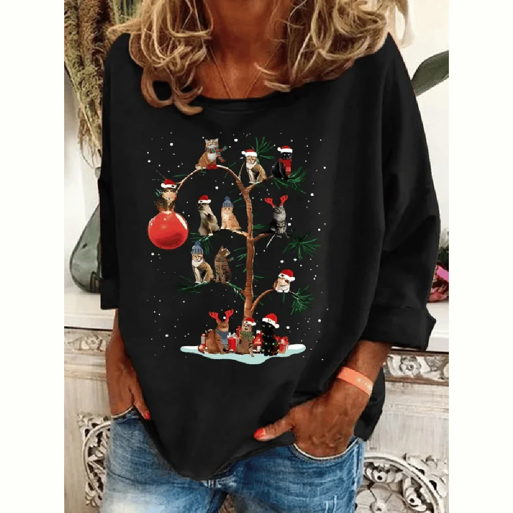 Women\'s Christmas Print Long Sleeve Cotton T-Shirts Christmas Print Top Casual Women\'s Oversized Clothes Autmun Crew Neck Tops