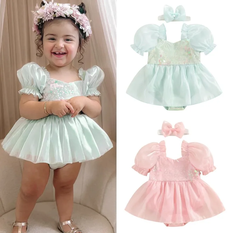 

Baby Girls Princess Rompers Dress Sequins Short Sleeve Organza Skirt Hem Infant Bodysuits Summer Playsuits Clothes with Headband