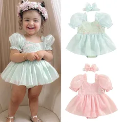 Baby Girls Princess Rompers Dress Sequins Short Sleeve Organza Skirt Hem Infant Bodysuits Summer Playsuits Clothes with Headband