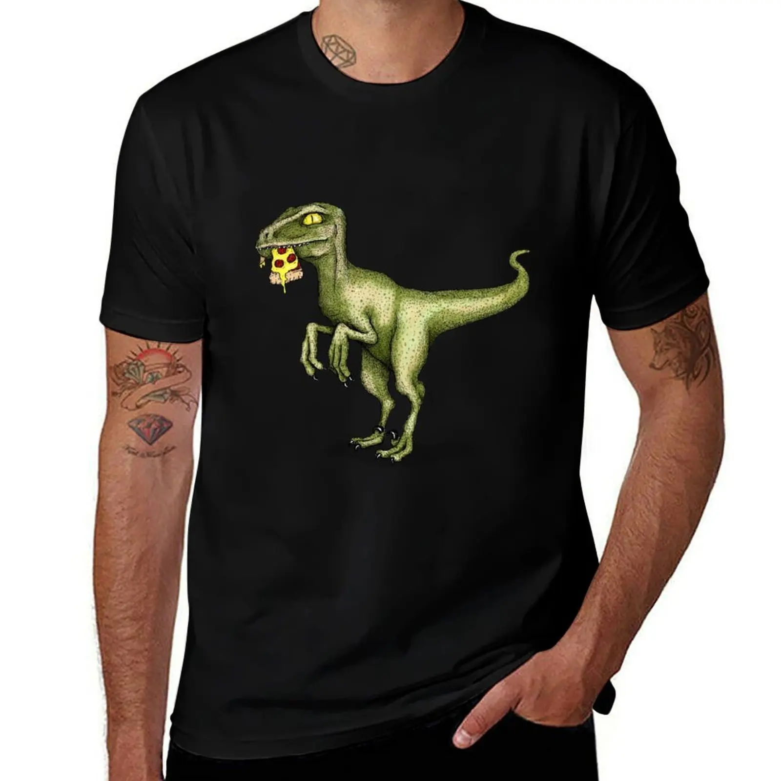 

Raptor dinosaur eating pizza slice T-Shirt Modern Style Print T-Shirt