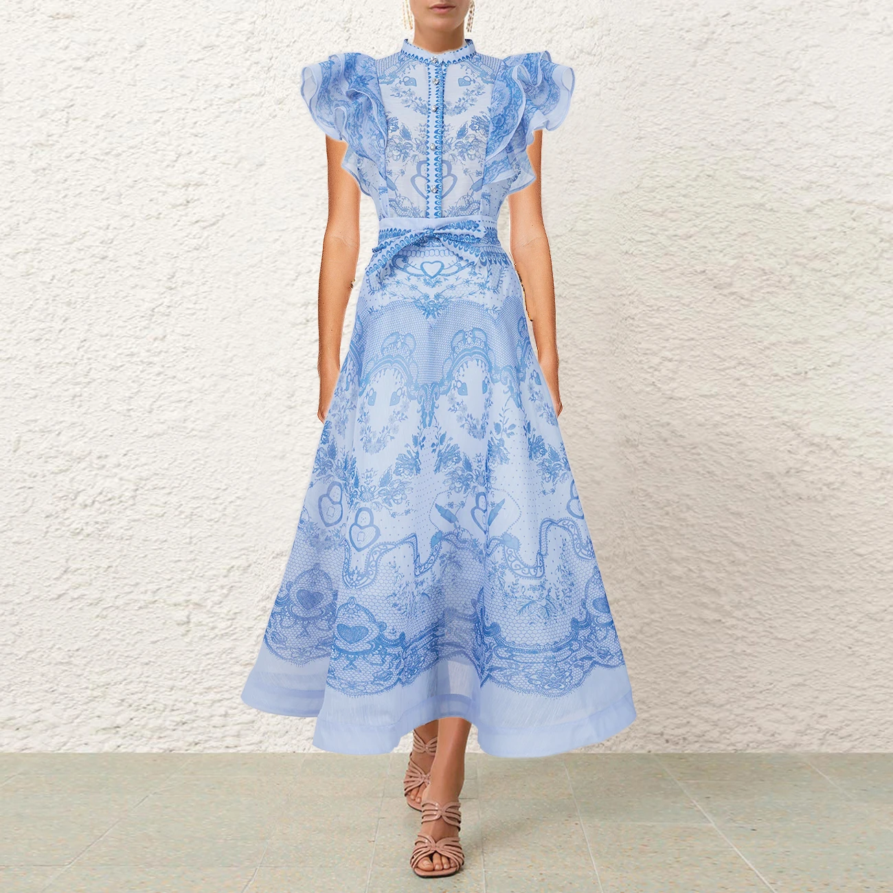 

2025 Spring Season Floral Print High Waist Stand Collar f Skirt Set Tee Dimensional Hemline Polyester Fabric Button Closure