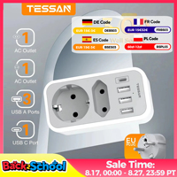 TESSAN Double Plug Socket Adapter with 2 Socket, 3 USB A Ports and 1 Type C Plug, 6 in 1 Multiple Plug Adapter for Home, Office