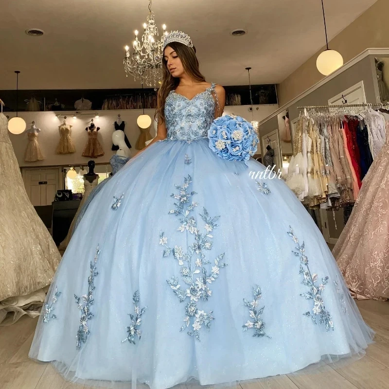 Sky Blue Off Shoulder Quinceanera Dress Prom Dress Floral Applique Princess Dress Lace Beads Tull Sweet 15 Year Old Party Dress