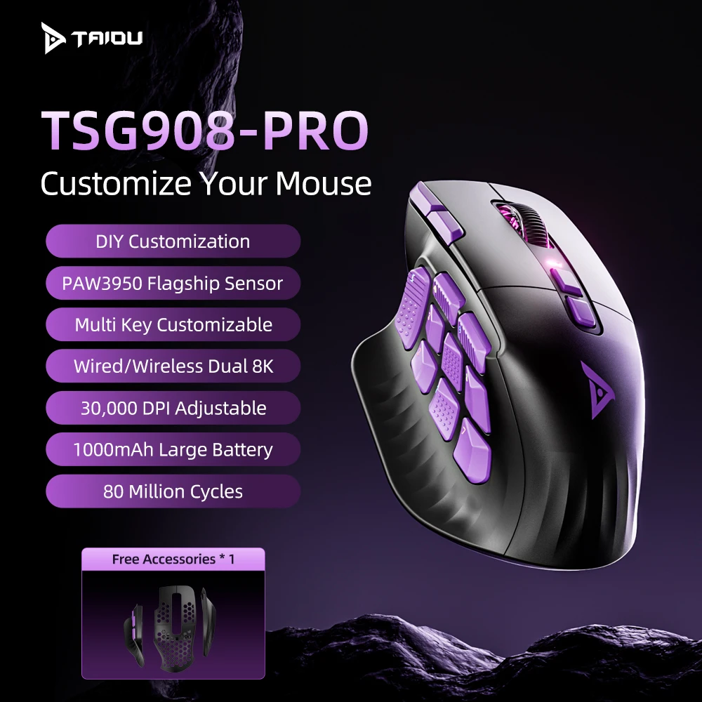 

Беспроводная игровая мышь TAIDU TSG908 Pro с разрешением 30000 DPI, сенсорами PAW3950 и PAW3311, 16 боковыми кнопками, магнитной съемной задней панелью, проводная/беспроводная.