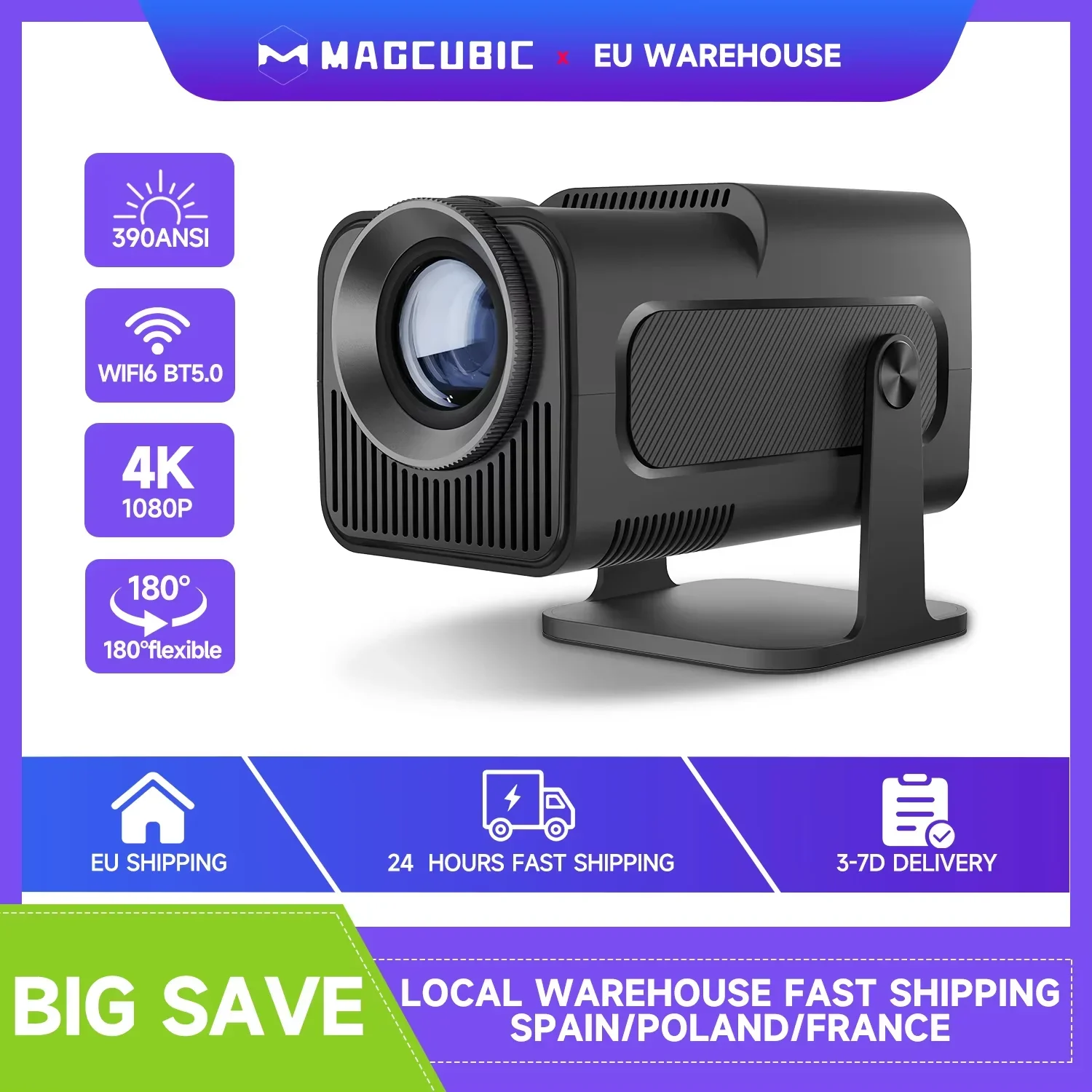 Projektor Magcubic HY320 4K z systemem Android 11, 390 ANSI, podwójne WiFi6, BT5.0, przenośny kino, native 1080P, do filmów na zewnątrz i domowego kina (HY320-Black)