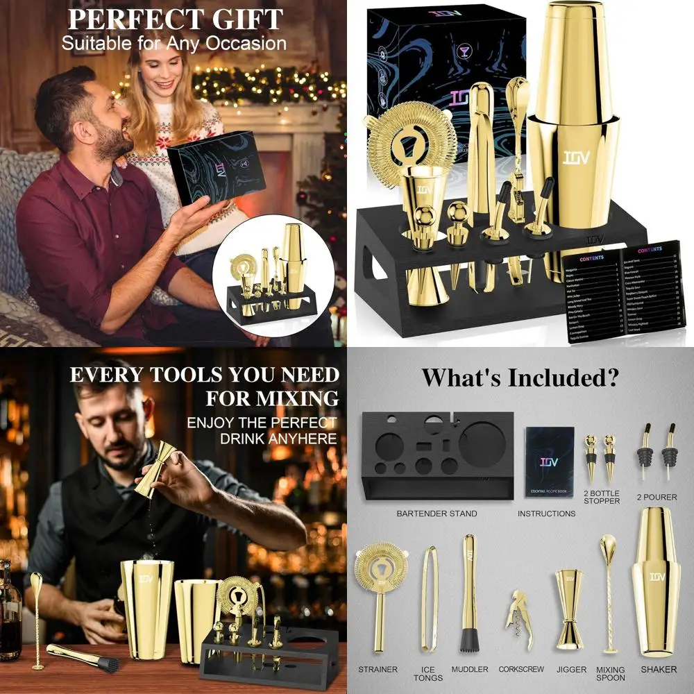 

12-Piece Mixology Bartending Kit | 18 & 28oz Boston Shaker Set with Stand, Recipe Booklet, Gold for Home Bar