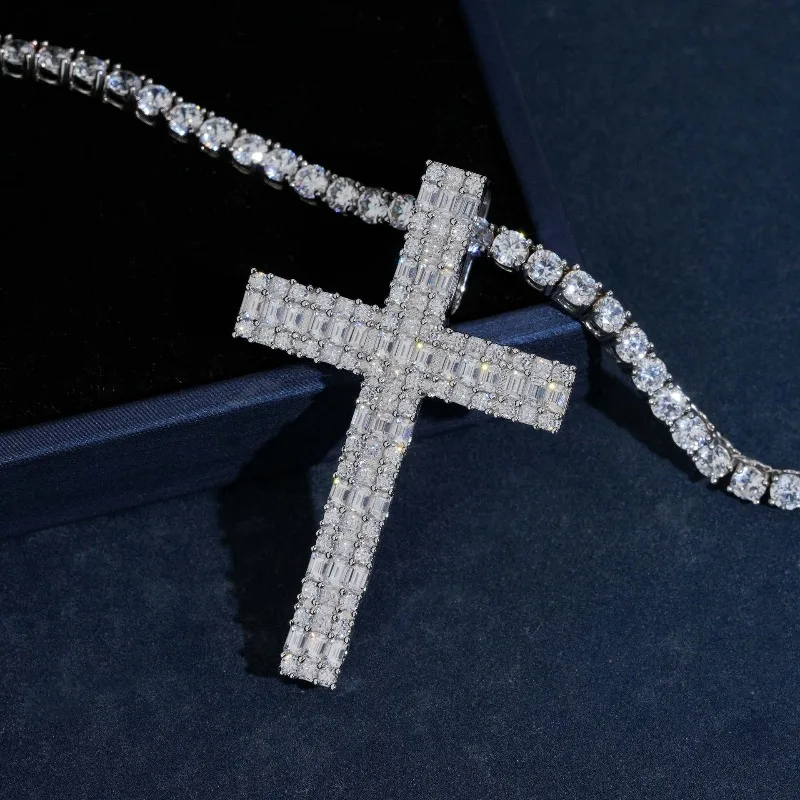 3 Rows Iced Baguette Moissanite Cross Pendant 925 Sterling Silver Hiphop Rock Men Cross Charm Necklace Pass Diamond Tester Gift