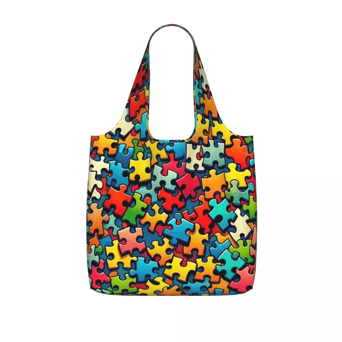 Autism Awareness Colorful Puzzle Piece Print Shopping Tote Bag Canvas Large Capacity Shoulder Bags Shopper Grocery Handbag