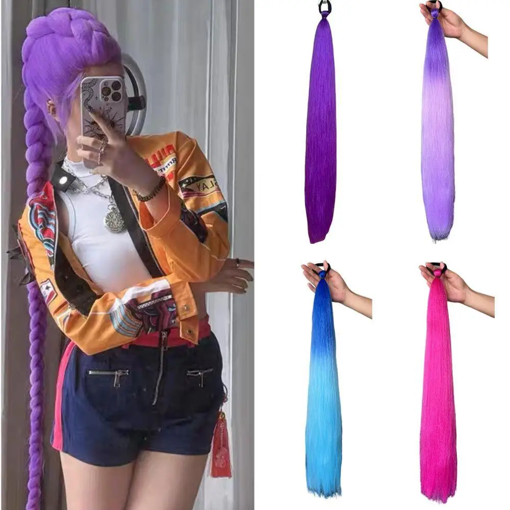 

Новый корейский парик для девочек, фиолетовый хвостик, удлиненная резинка, длинные прямые плетеные аксессуары для волос для сценической вечеринки