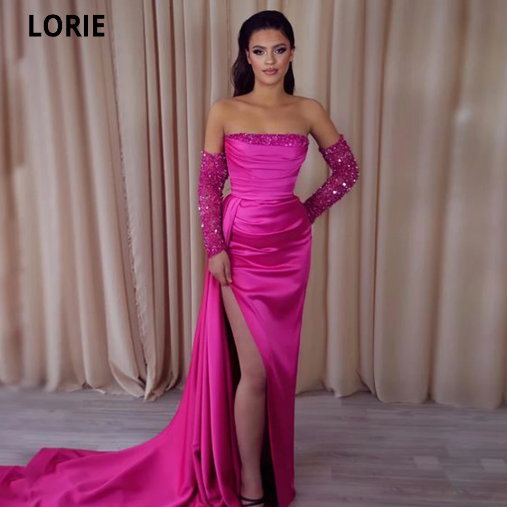 

LORIE Fuchsia Satin Mermaid Prom Dresses Detachable Sleeves Sparkly Beaded Sequins Sexy Leg Slit Robes De Soirée Party Dresses