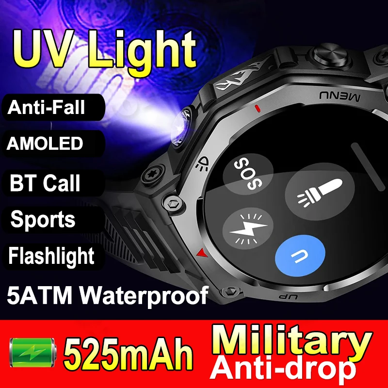

Men Women Outdoor Sports Smart Watch Military-grade Anti-fall UV Light Strong Flashlight 525mAh BT Call Heart Rate Smartwatch
